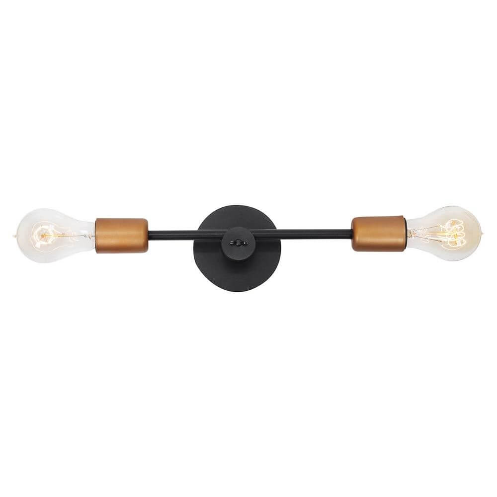 RetroStick Wandleuchte 2-flammig 37cm Kupfer mit drehbarem schwarzem Rohr und matten Kupferfassungen.