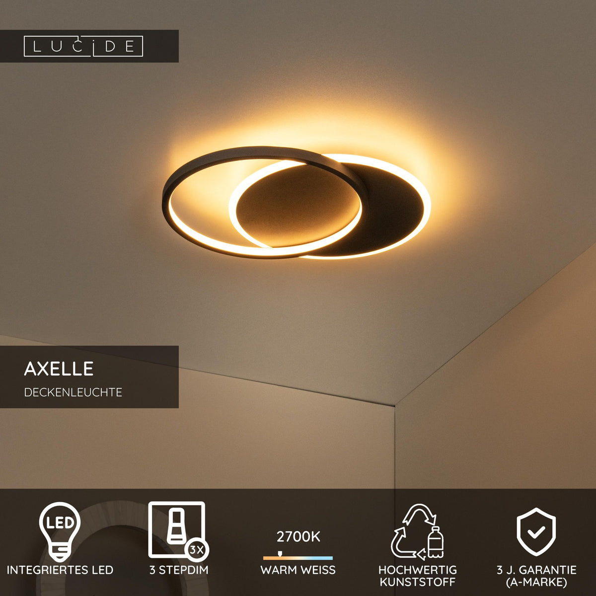 LED-Lámpara de techo Axelle con 3 niveles de regulación Ø 29,5 cm Negro (5)