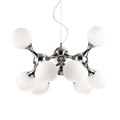 Nodi hanglamp met 9 bolglazen Ø 80 cm chroom in modern design met metalen frame en witte glazen bollen.