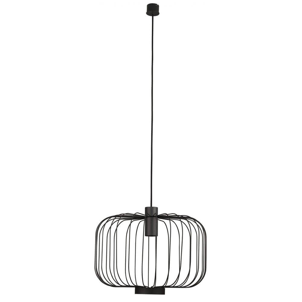 Cages L Gitter-Pendelleuchte 48cm Schwarz mit feinem Metallgestell und elegantem Textilkabel.