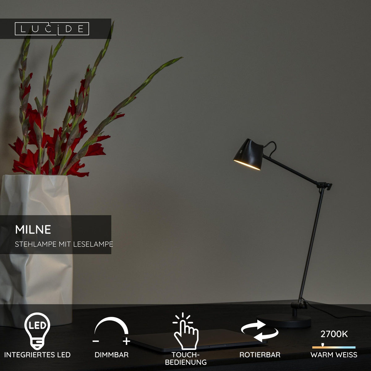 LED-Lese-Stehleuchte Milne drehbar mit Touchdimmer Schwarz (3)