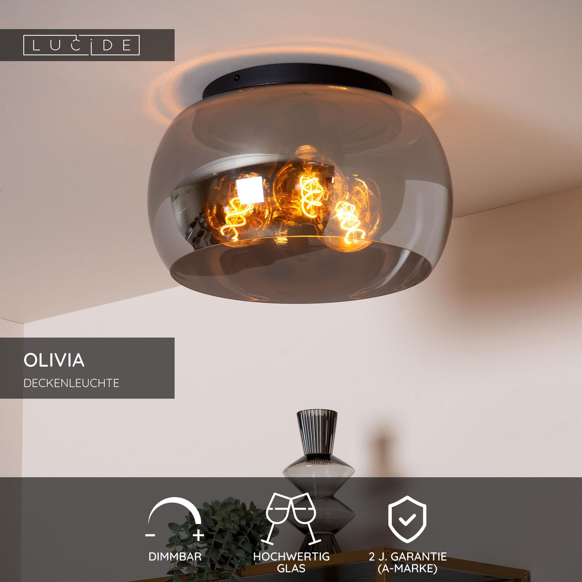 Plafonnier Olivia à 3 lampes gris fumée Ø 40 cm (3)