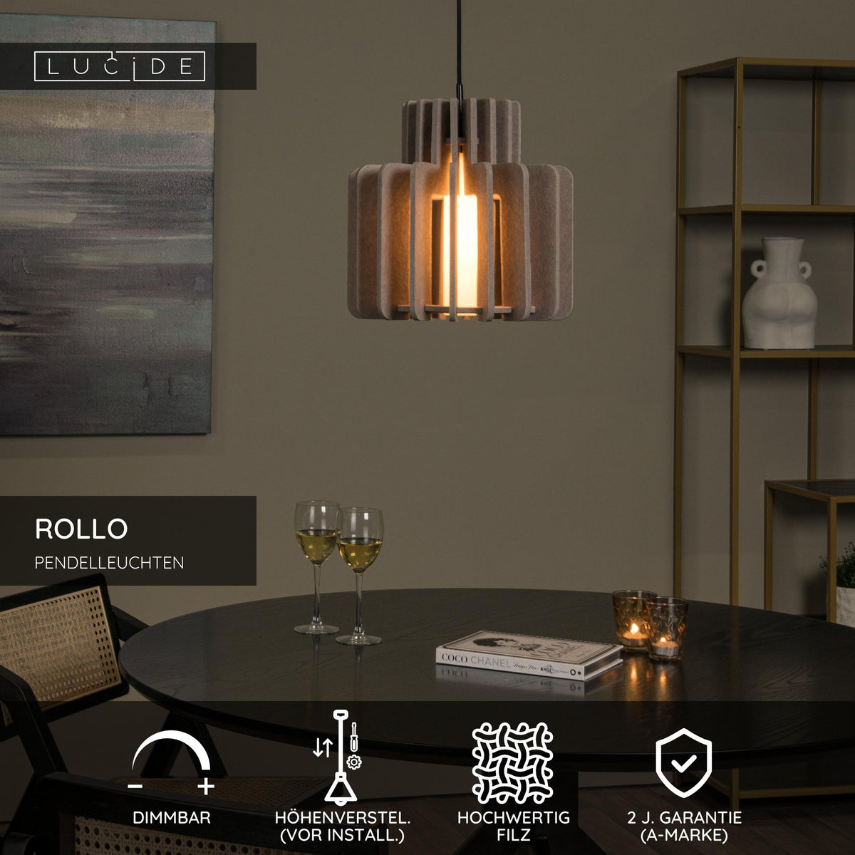 Rollo pendant light with felt shade and opal glass Ø31cm height-adjustable (4)