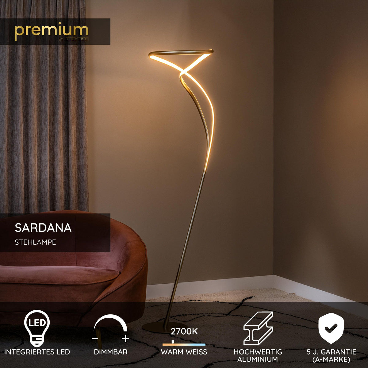 LED-Stehleuchte Sardana dimmbar Messing Warmweiß 180cm (5)