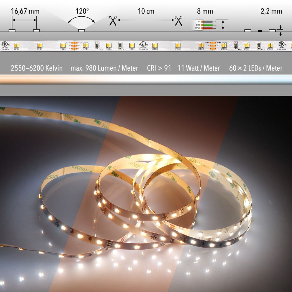 5m LED strip 11 W/m warm to cool white IP20