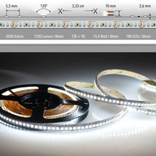 5m LED-Strip 14, 4 W/m Neutralweiß IP63, 4000K, 180 LEDs/m, CRI > 90, Schnitt alle 3,33 cm