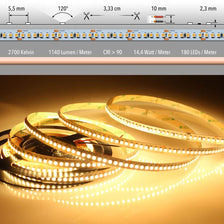 5m LED-Strip 14,4 W/m extra Warmweiß IP20, 2700K, CRI > 90, 180 LEDs/m, 3M Klebeband, trennbar alle 3,33 cm