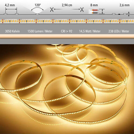 5m LED-Strip 14,5 W/m Warmweiß IP63 / 238 LEDs, warmweißes Licht mit hoher Farbwiedergabe und einfacher Montage.