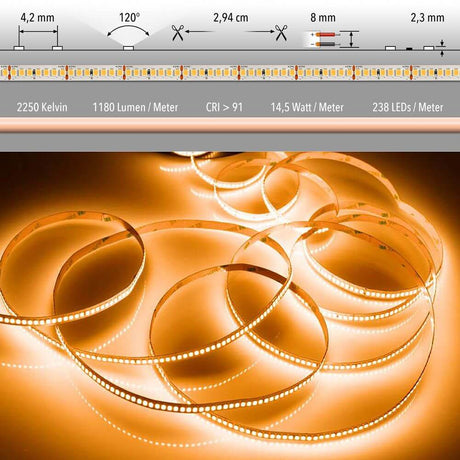 5m LED-strip 14.5 W/m ultra warm white / 238 LEDs with heat LEDs and high colour rendering of CRI > 90