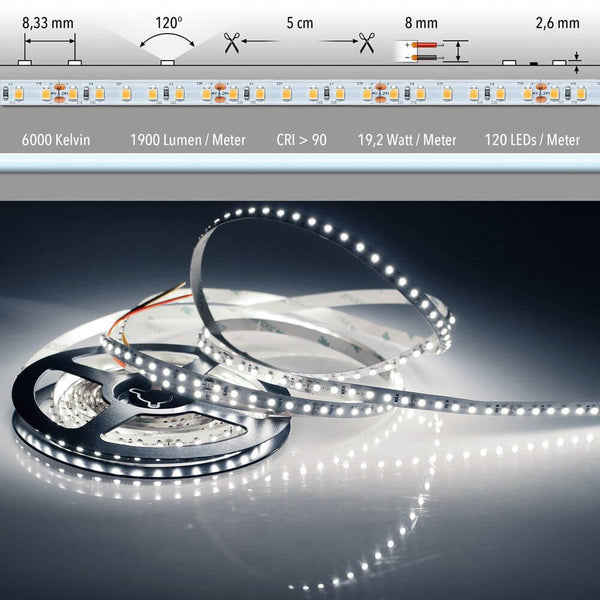 5m LED-Strip 19, 2 W/m Kaltweiß IP63, 6000K, 120 LEDs/Meter, 1900 lm/Meter, CRI>90, kürzbar alle 5 cm