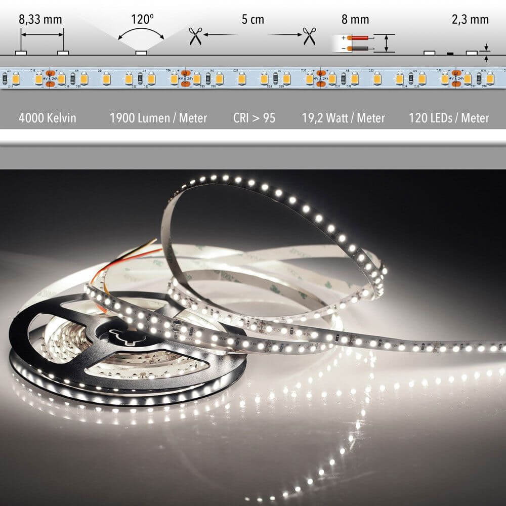 5m LED-Strip 19,2 W/m Neutralweiß IP20 mit SMD 2835, 4000K und hoher Farbwiedergabe, ideal für einfache Montage.