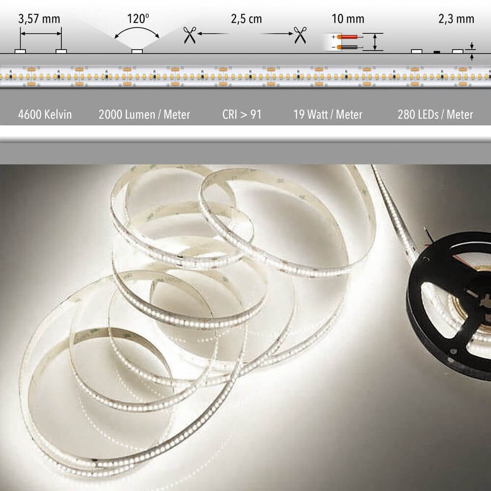 5m LED-Strip 19 W/m Neutralweiß IP63 / 240 LEDs - Detaillierte Ansicht der LED-Strips mit technischem Design.