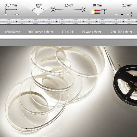 5m LED-Strip 19 W/m Neutralweiß IP63 / 240 LEDs - Detaillierte Ansicht der LED-Strips mit technischem Design.