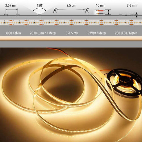5m LED light strip 24V on request with 280 LEDs and 2030 lumens per meter for custom lighting