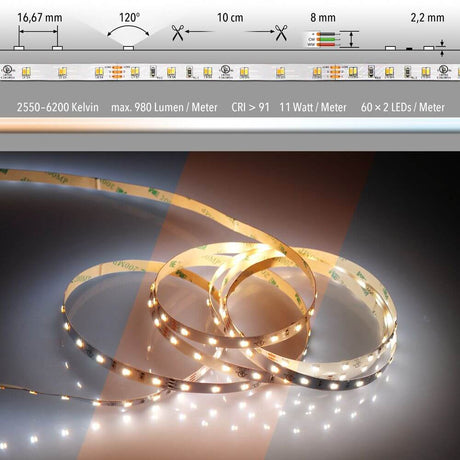 5m LED light strip 24V on request: Flexible LED strips with variable light intensity and color temperature.