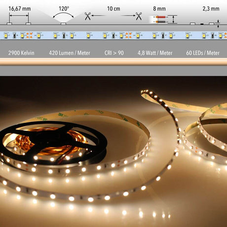 5m LED-Strip 4,8 W/m Warmweiß IP20 mit SMD 3528 LEDs und 2900K Farbtemperatur, kollobierende Montage und hohe Farbwiedergabe.