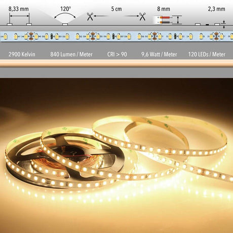 5m LED-Strip 6 W/m Warmweiß IP20 mit 120 LEDs pro Meter und warmem Licht bei 2900 Kelvin.