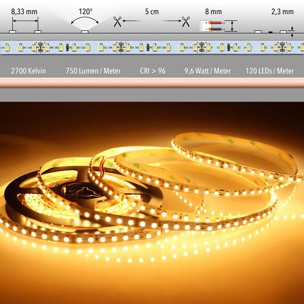 5m LED-Strip 9, 6 W/m extra Warmweiß IP20 mit SMD 3528 LEDs und 2700K Farbtemperatur.