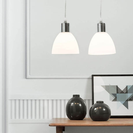 Ray pendant light chrome with white glass shades, ideal for stylish lighting in the living room.