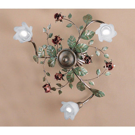Plafoniera Rosaio a 3 luci oro-argento-verde Ø 47 cm con decorazione a rose e luci LED.