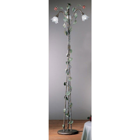 Rosaio gulvlampe med 3 lyskilder, gull-sølv-grønn, Ø 45 cm, med florale elementer og tre lampeskjermer.