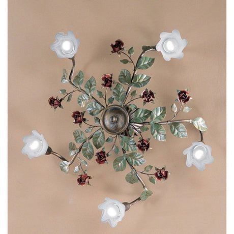 Lampa sufitowa Rosaio 5-punktowa złoto-srebrno-zielona Ø 65 cm z kwitnącymi elementami róż.