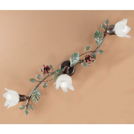 Lampada da soffitto Rosaio a 3 luci oro-argento-verde 72 cm con fiori e foglie.