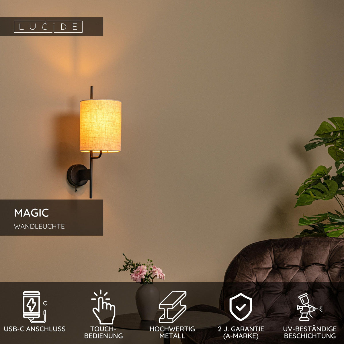 Wandleuchte Magic mit USB-Ladeanschluss und Stoffschirm Länge 18cm (5)