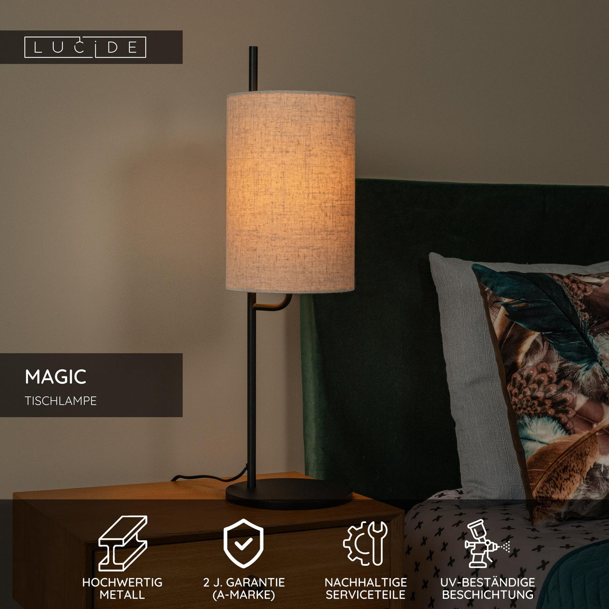 Tischleuchte Magic mit Leinenschirm und indirektem Licht (4)