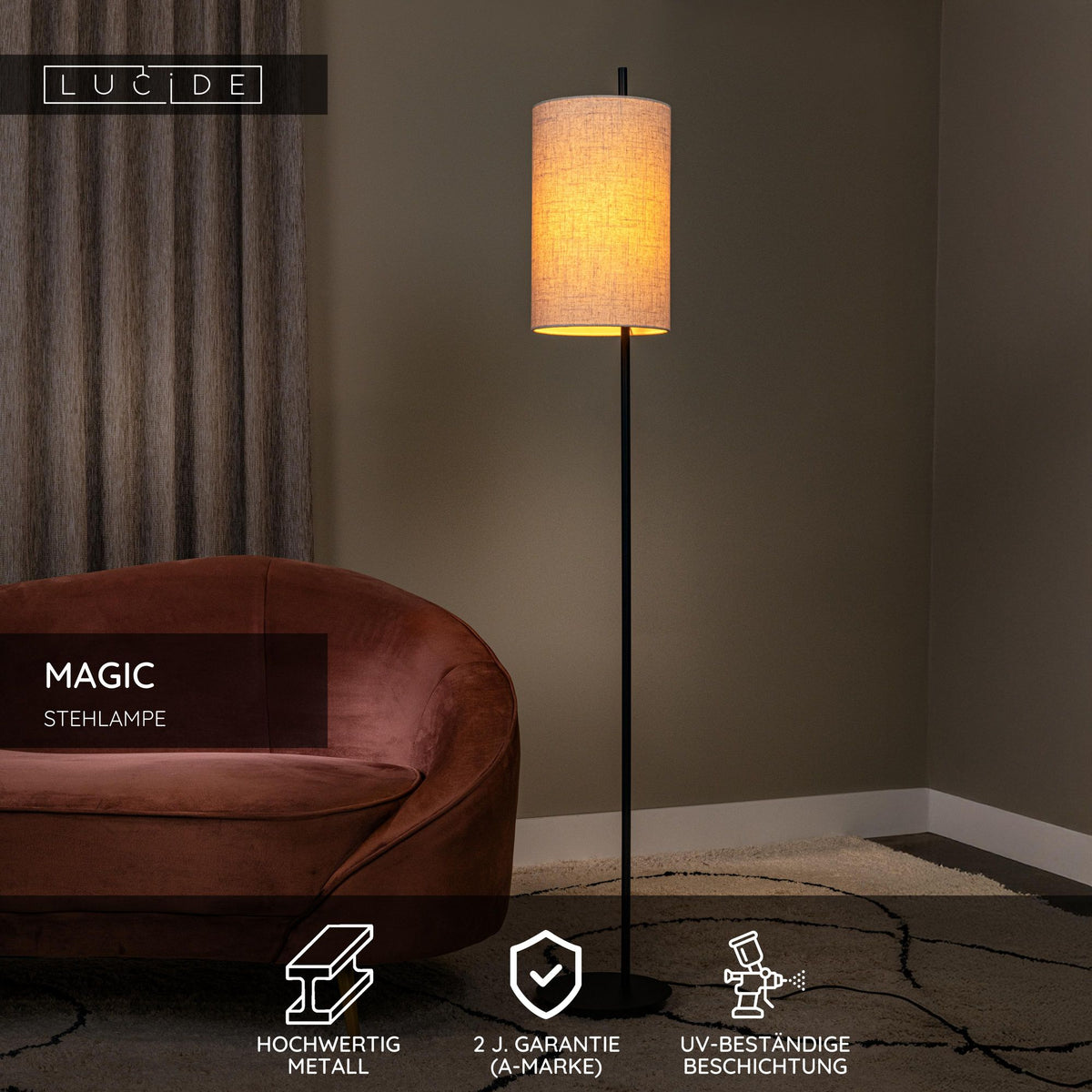 Stehlampe Magic mit Leinenschirm 165cm Schwarz, Beige (5)