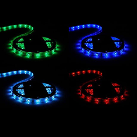 7.2 W/m RGB 12V 5m LED-strip in various colors, glowing, ideal for stylish interior design.