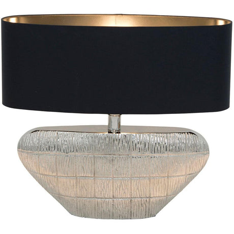 Table lamp Cleopatra aluminium silver-black with black lampshade and silver base.