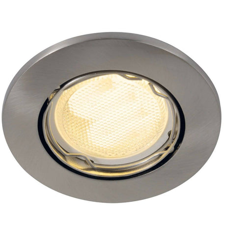 Mixit plafonnier encastrable en aluminium brossé avec spot encastré orientable et anneau extérieur en acier brossé.
