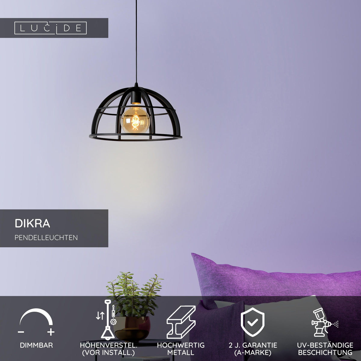 Pendelampe Dikra 1-lyskilde højdejusterbar sort 40cm (6)