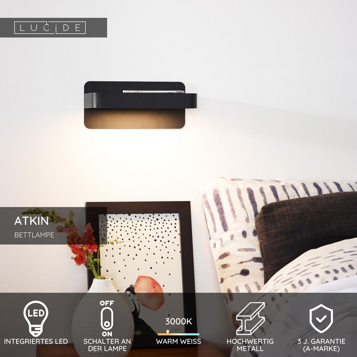 LED-Bettleuchte Atkin mit USB-Ladeanschluss 350lm Warmweiß (6)
