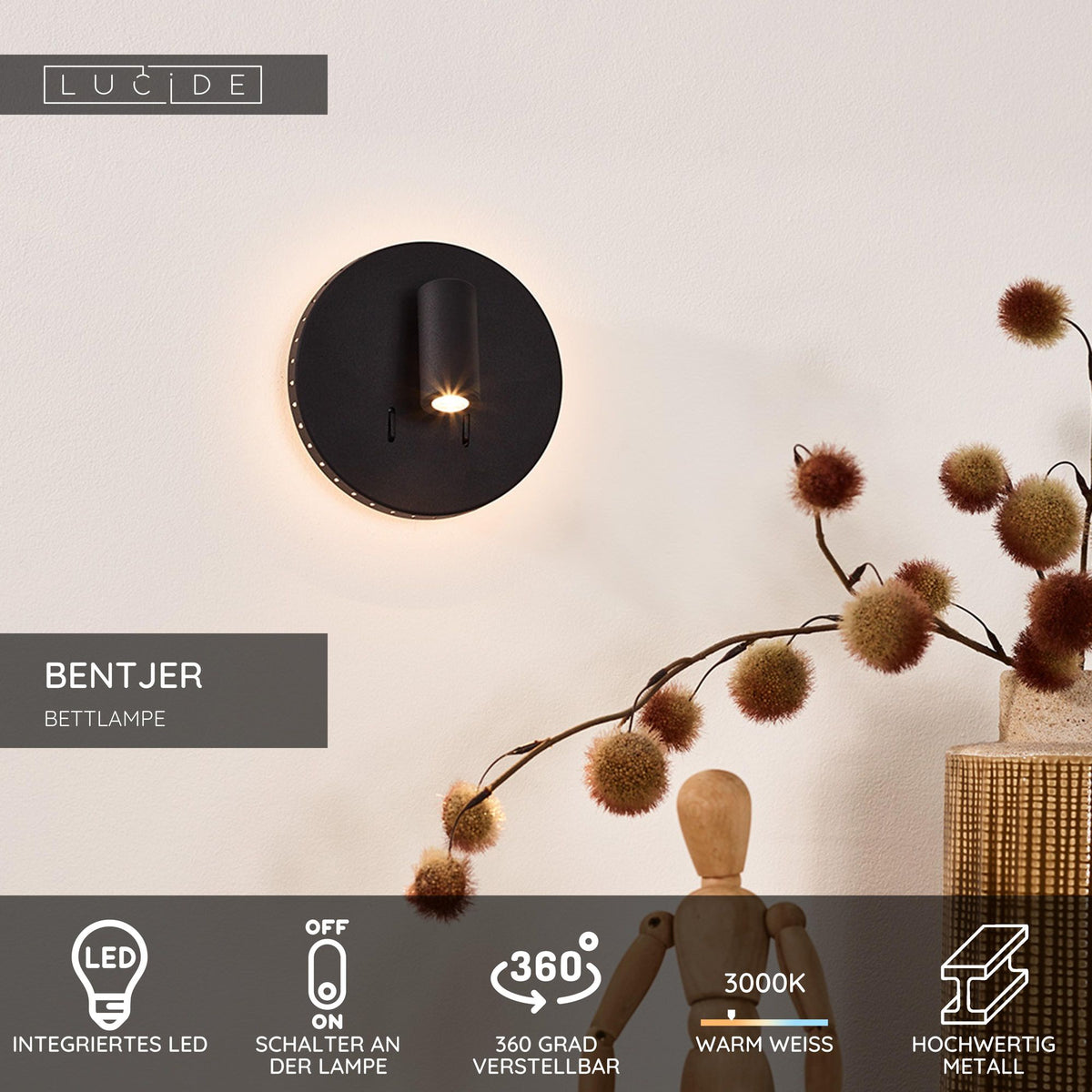 LED-Bettleuchte Bentjer schwenkbar rund Ø 14cm (6)