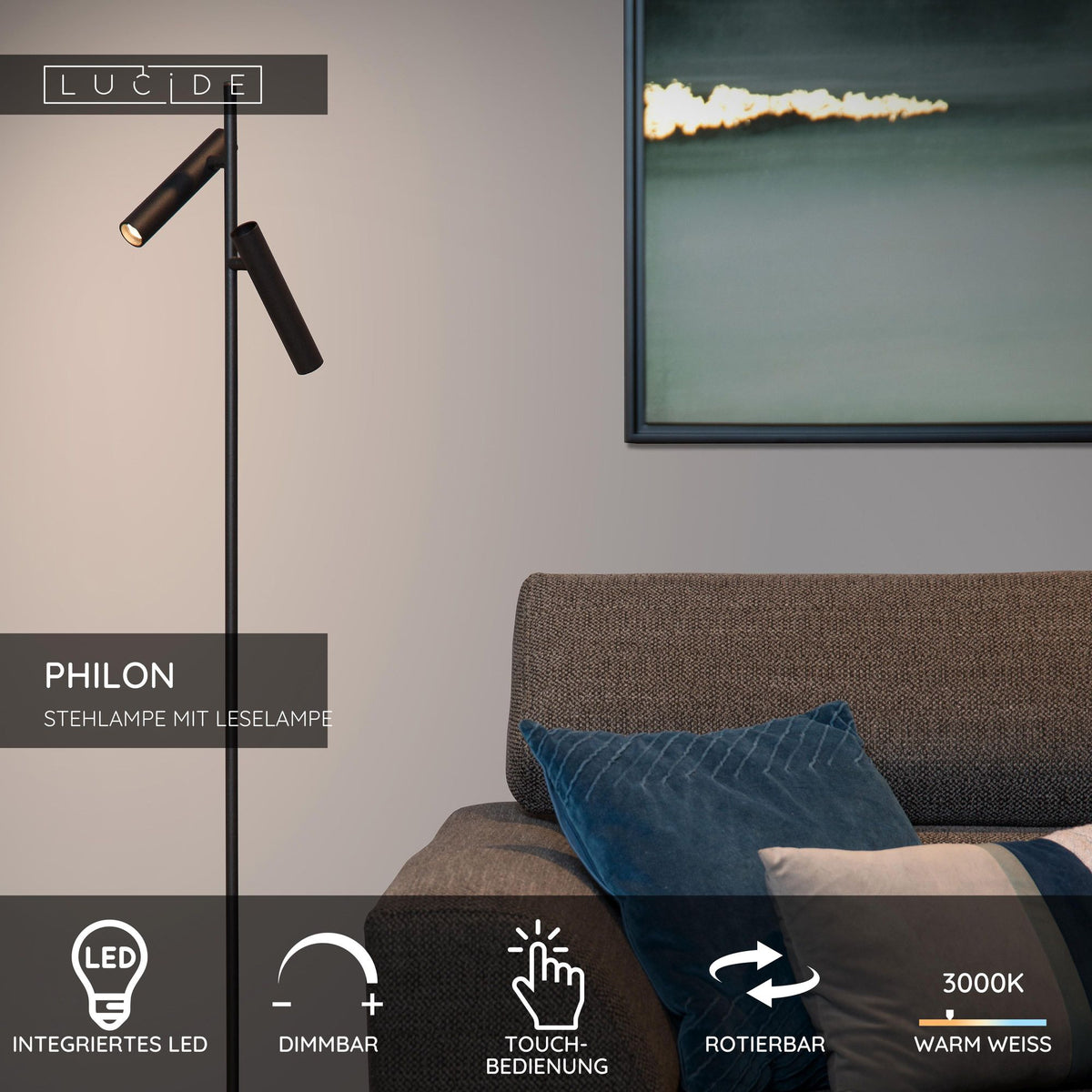 LED-Lese-Stehleuchte Philon 2-flammig Touchdimmer Schwarz 140cm (6)