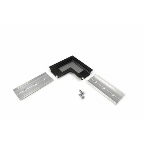 90° Ecke für Einbauprofil flach Schwarz mit zwei Aluminiumprofilen und Schraube.