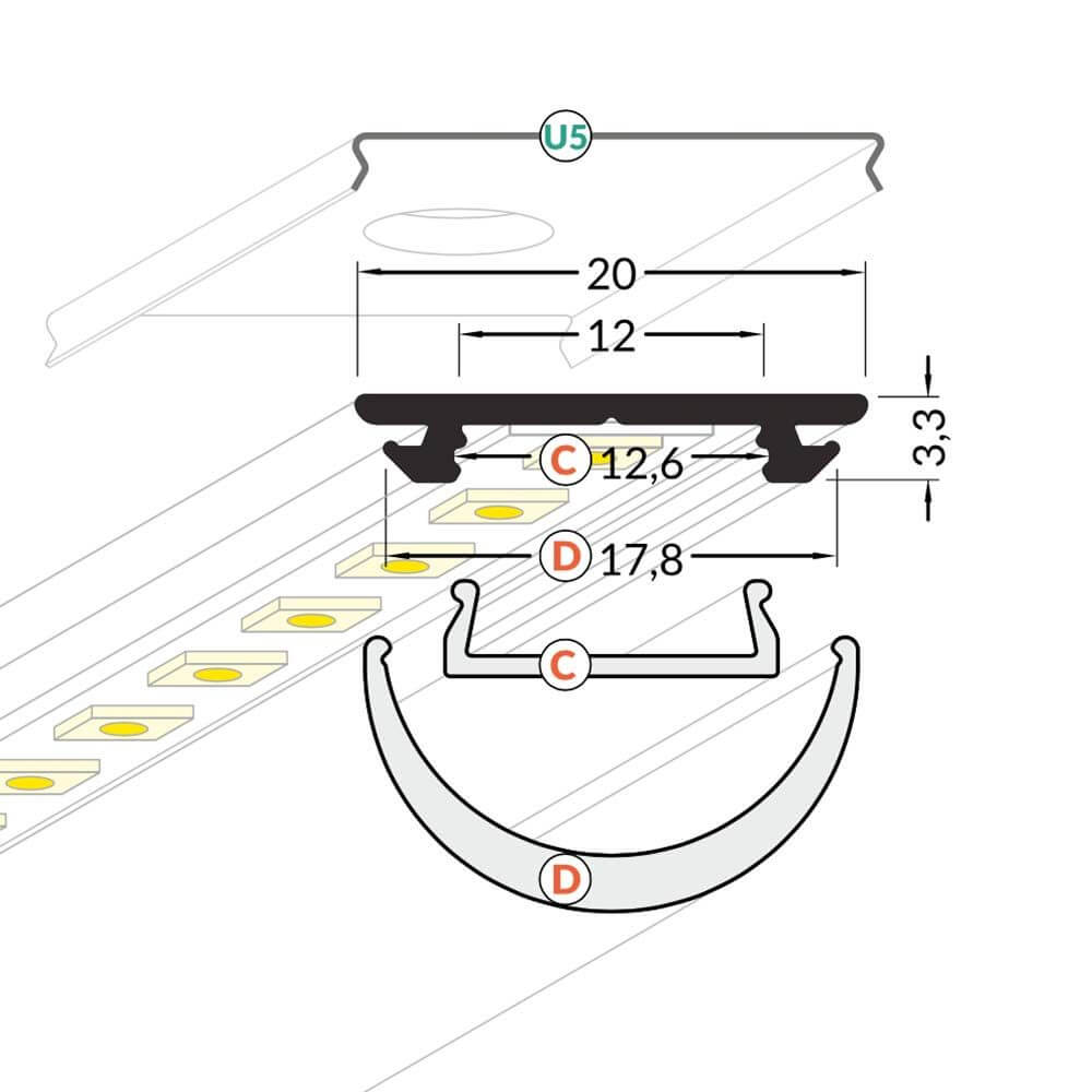 Abdeckung eckig 200cm Typ C Opalweiß Diagramm mit Maßen für LED-Strip-System.