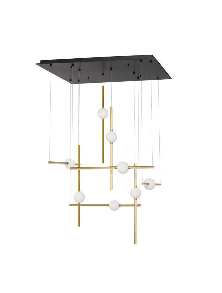 Acrobat LED Pendelleuchte 16-flammig 3000K Schwarz in modernem Design mit goldenen und weißen Elementen.