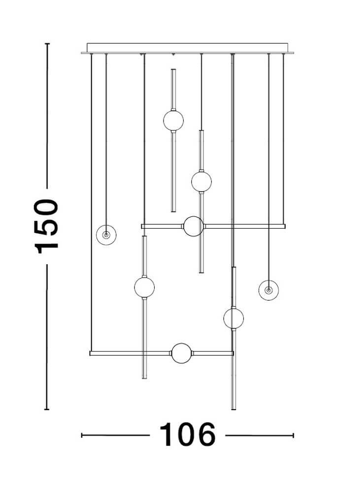 Technische Zeichnung der Acrobat LED Pendelleuchte 16-flammig 3000K Schwarz mit Abmessungen.