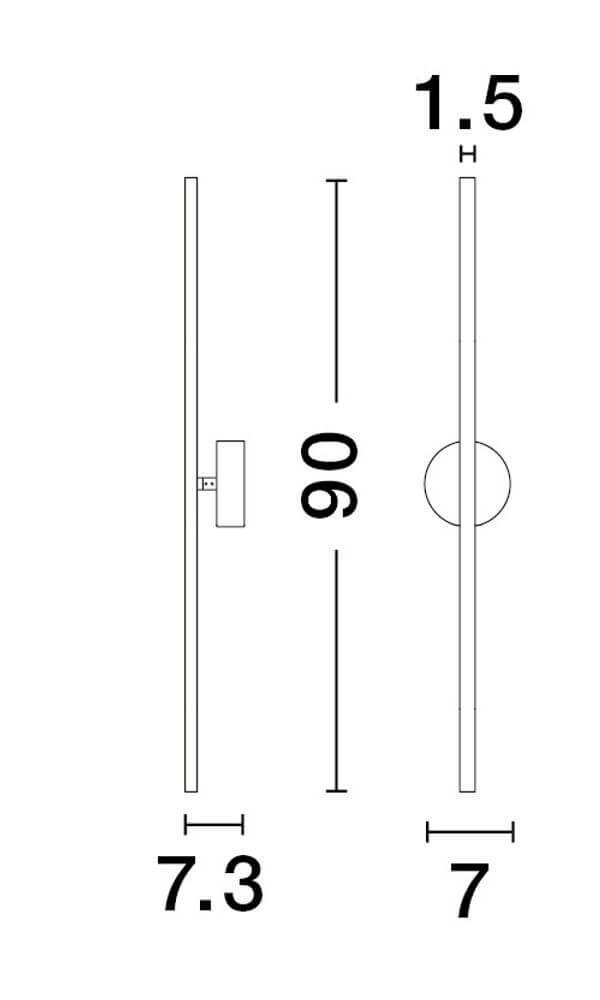 Aden LED Wandleuchte 3000K Schwarz, technische Zeichnung 90 cm Länge, 7,3 cm Tiefe, schlankes Profil