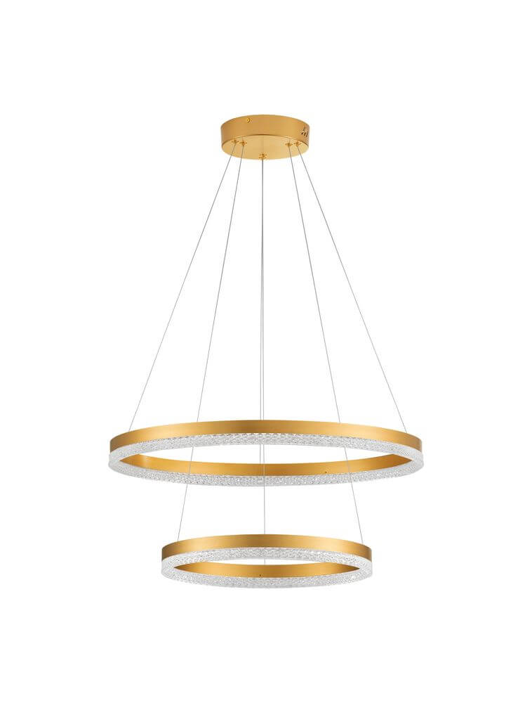 Adria LED Pendelleuchte 2-flammig Ø 60cm in elegantem Design mit goldenen Ringen.
