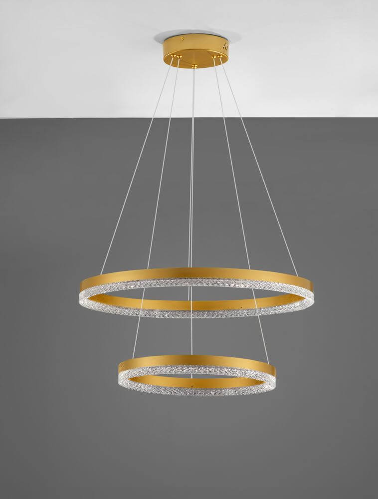 Adria LED Pendelleuchte 2-flammig Ø 60cm mit zwei schwebenden Ringen aus Aluminium in edlem Gold.