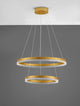 Adria LED Pendelleuchte 2-flammig Ø 60cm mit zwei schwebenden Ringen aus Aluminium in edlem Gold.