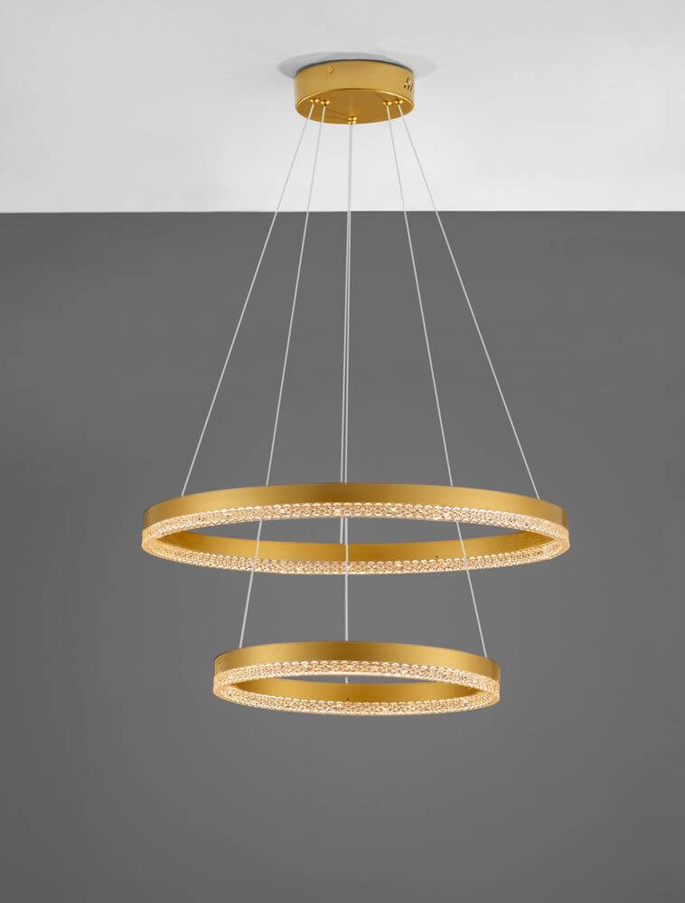 Adria LED Pendelleuchte 2-flammig Ø 60cm in elegantem Gold, moderne Lichtskulptur für jeden Raum.