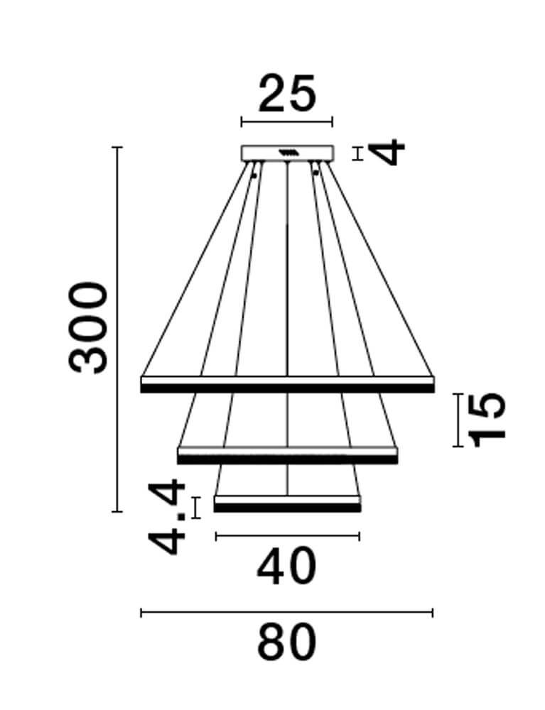 Adria LED Pendelleuchte 3-flammig Ø 80cm technische Zeichnung mit Maßen.
