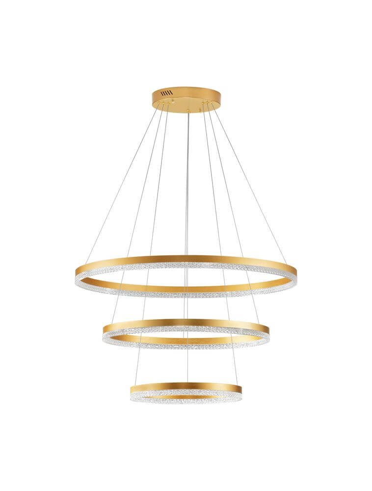 Adria LED Pendelleuchte 3-flammig Ø 80cm in gold mit schwebenden Ringen als Dekorationsobjekt.