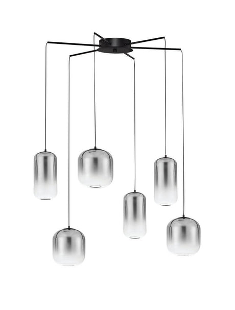 Lustre suspendu Aelia LED à 6 flammes Ø 72 cm noir, fumé avec 6 abat-jour en verre de différentes tailles.