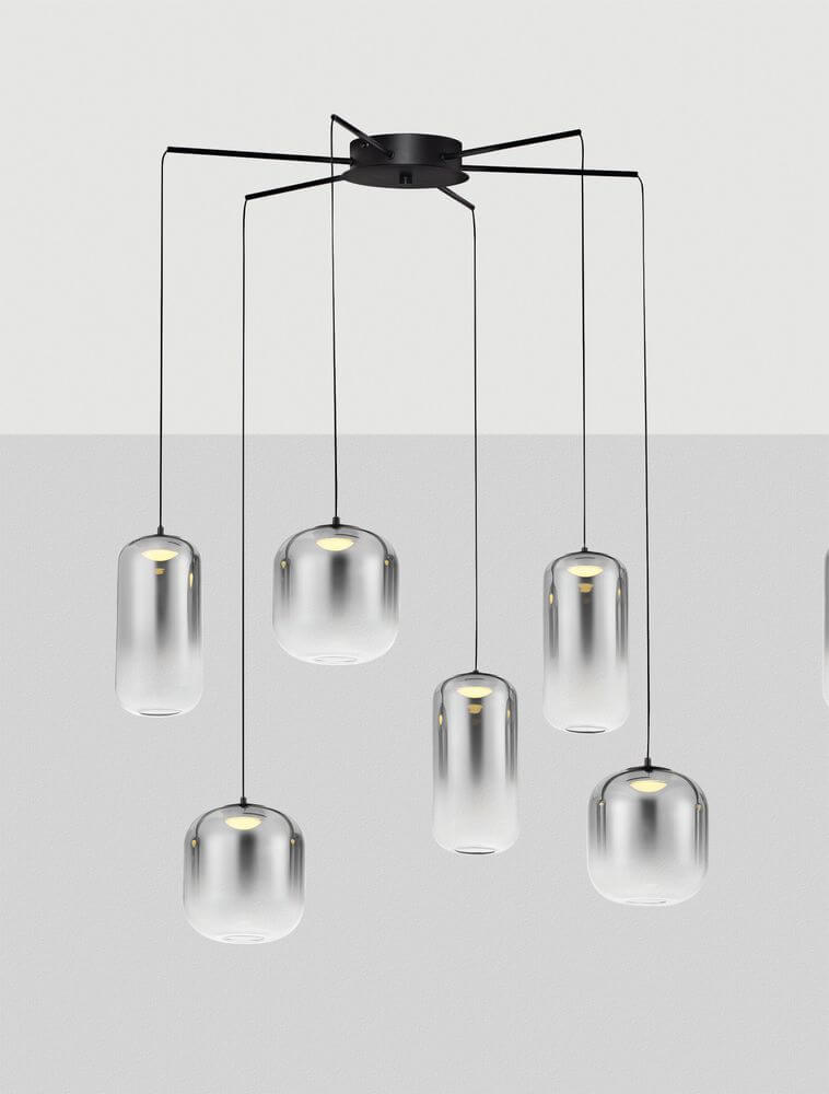 Aelia LED Pendelleuchte 6-flammig Ø 72cm Schwarz, Rauch in modernem Design mit rauchgrauen Glaslampenschirmen.